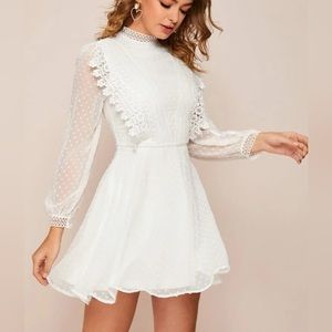 Guipure Lace Trim Swiss Dot Overlay Dress